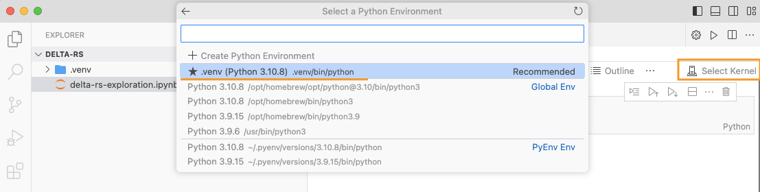 Figure 2: Select the Python environment